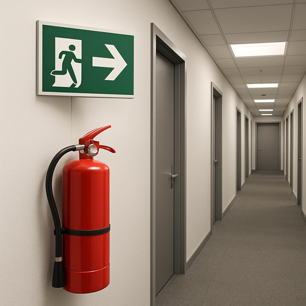 One long grey carpeted corridor with grey doors and green and white sign with iconic figure of person running right alongs...