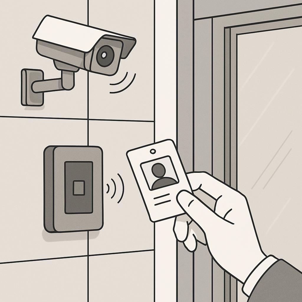 The image depicts a hand holding a card with a person's face and some text on it, standing in front of a door. The card is...