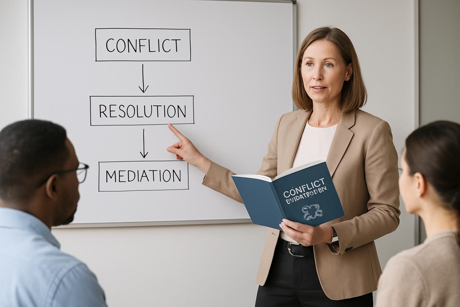A woman in a tan blazer stands in front of a flow chart for conflict resolution on a whiteboard, pointing to the word 'res...