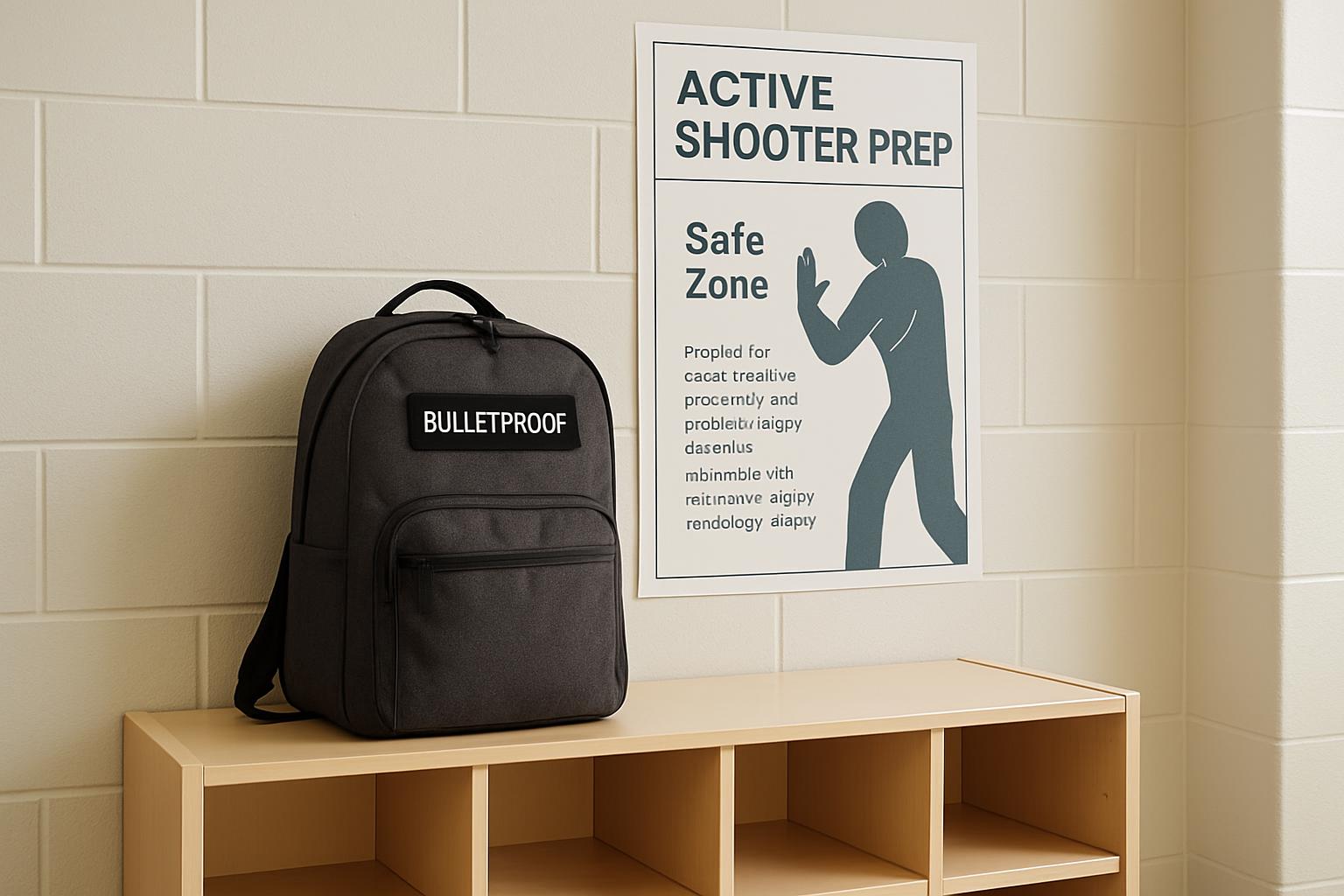 This is an image of the entrance to an active shooter safe zone featuring a black bulletproof backpack with the word "BULL...