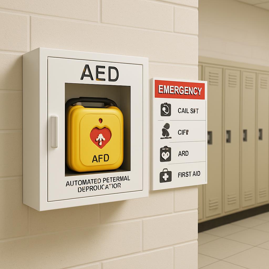 An Automated External Defibrillator (AED) mounted on a wall in a public building, with an emergency phone and written-out ...
